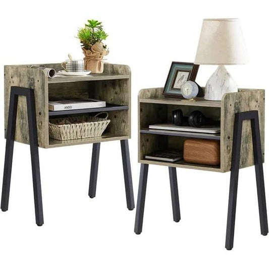 Set of 2 Modern Industrial Grey Wood Black Metal Side Table Nightstand End Table - Tampa Home & Garden Store