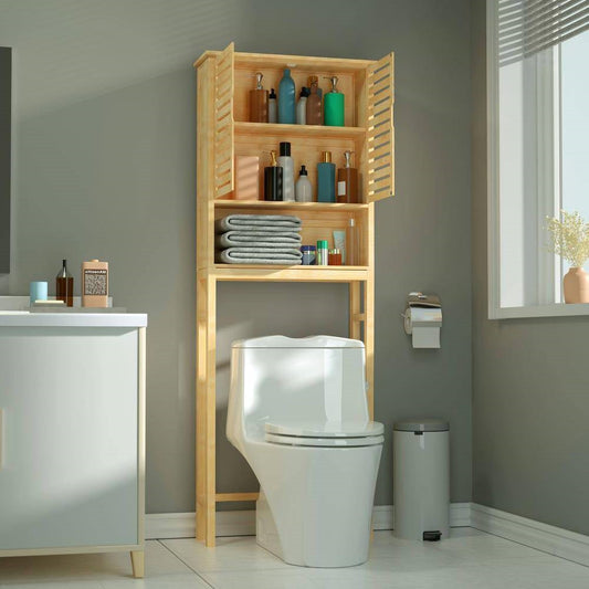 Over the Toilet Bathroom Storage Cabinet Shelf in Light Brown Yellow Wood Finish - Tampa Home & Garden Store