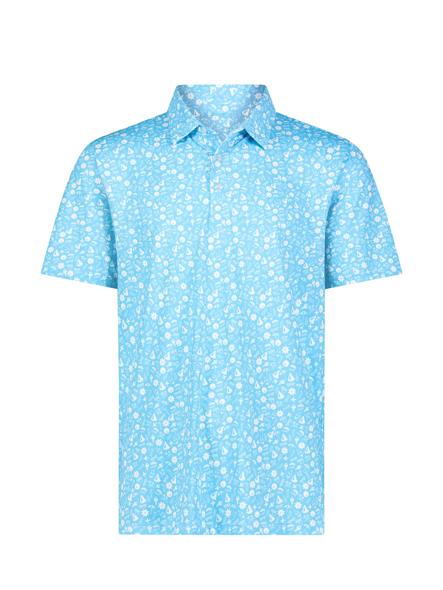 Light blue Vacation Performance Polo shirt with white tropical print and classic collar on Tampa Home & Garden Store
