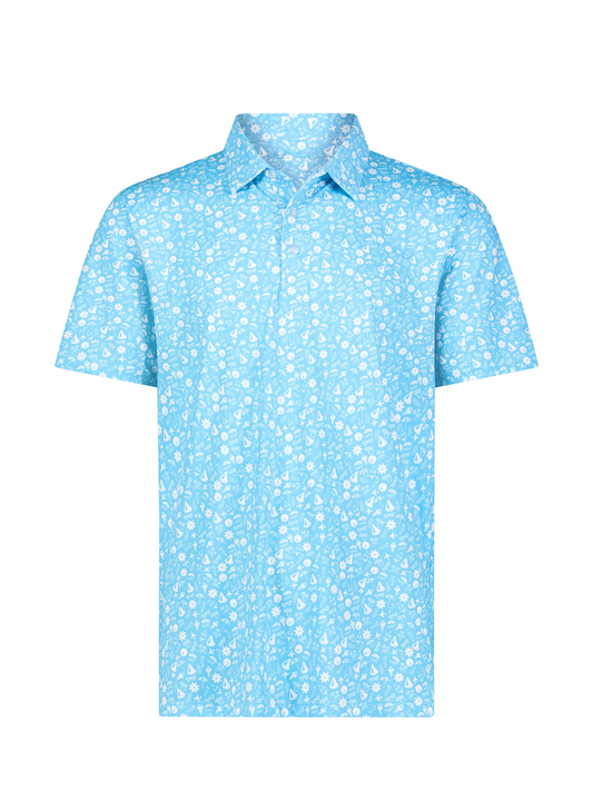 Light blue Vacation Performance Polo shirt with white tropical print and classic collar on Tampa Home & Garden Store