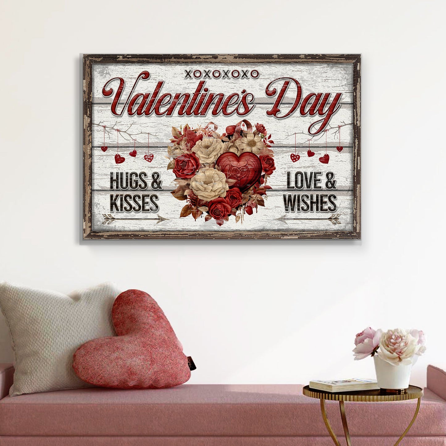 Valentine's Day canvas sign by Tailored Canvases with wood panel, red script and bouquet on Tampa Home & Garden Store