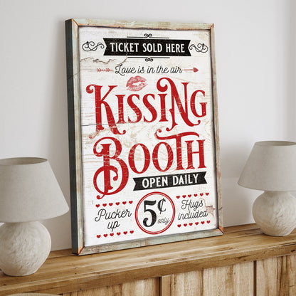 Valentines Day Kissing Booth Sign III canvas by Tailored Canvases with white wood frame on Tampa Home & Garden Store