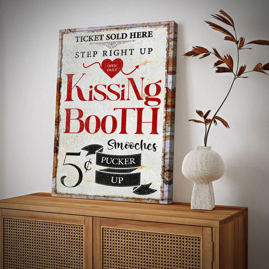 Valentines Day Kissing Booth Sign II canvas by Tailored Canvases with red typography on Tampa Home & Garden Store