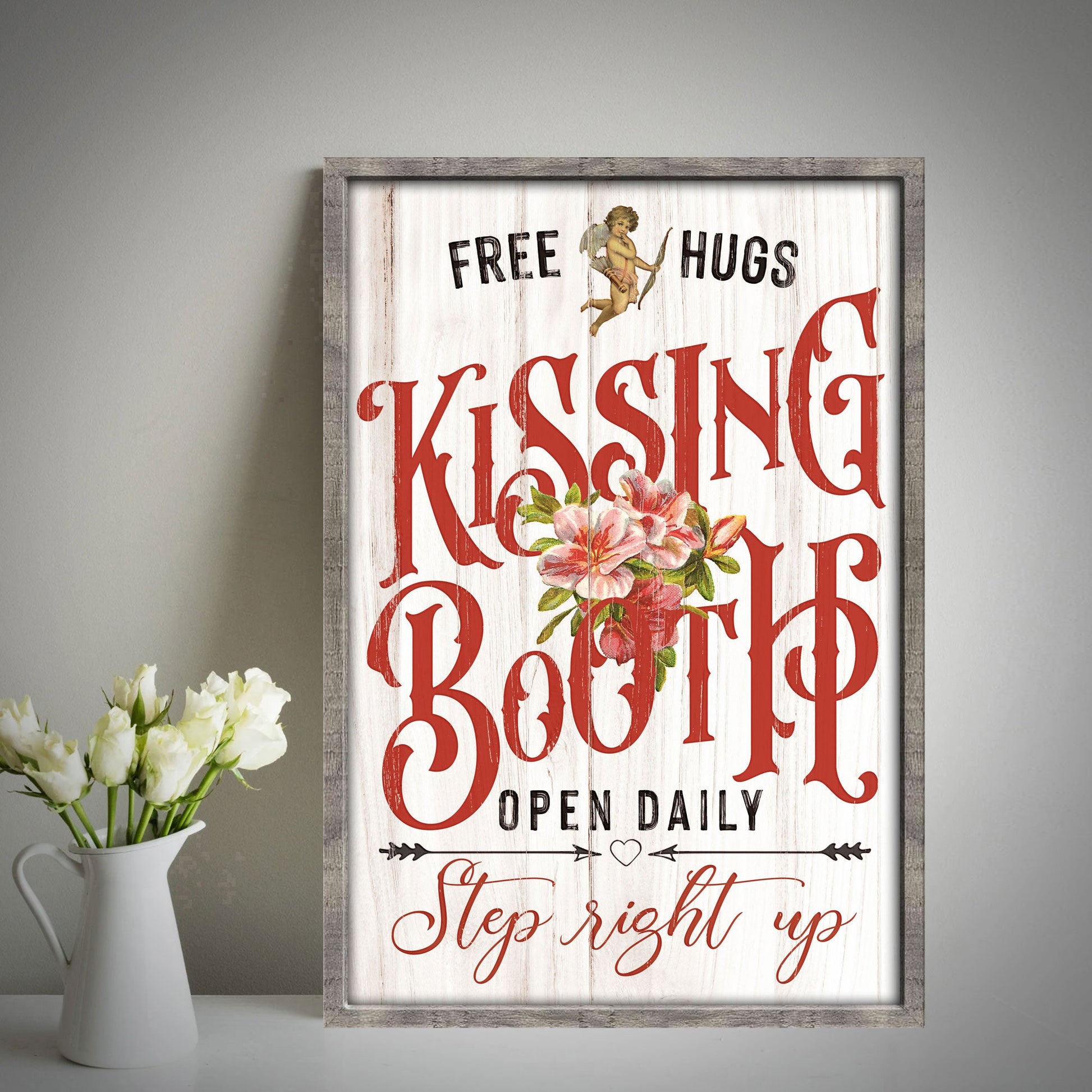 Valentines Day Kissing Booth Sign canvas by Tailored Canvases, rustic frame with Kiss Me script on Tampa Home & Garden Store