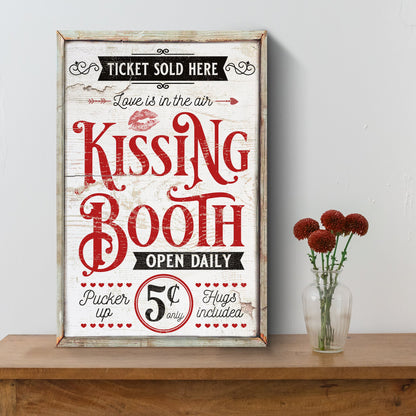 Tailored Canvases Valentines Day Kissing Booth Sign III canvas with rustic frame and red text on Tampa Home & Garden Store