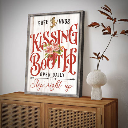 Valentines Day Kissing Booth Sign canvas by Tailored Canvases framed with red text and bouquet on Tampa Home & Garden Store