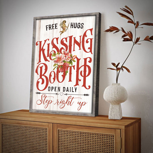 Valentines Day Kissing Booth Sign canvas by Tailored Canvases framed with red text and bouquet on Tampa Home & Garden Store