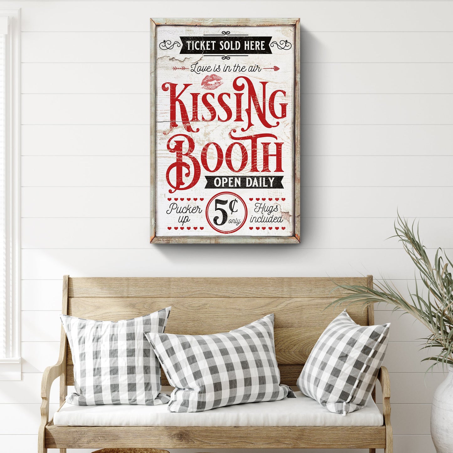 Valentine Kissing Booth Sign III canvas by Tailored Canvases with red KISSING BOOTH lettering on Tampa Home & Garden Store