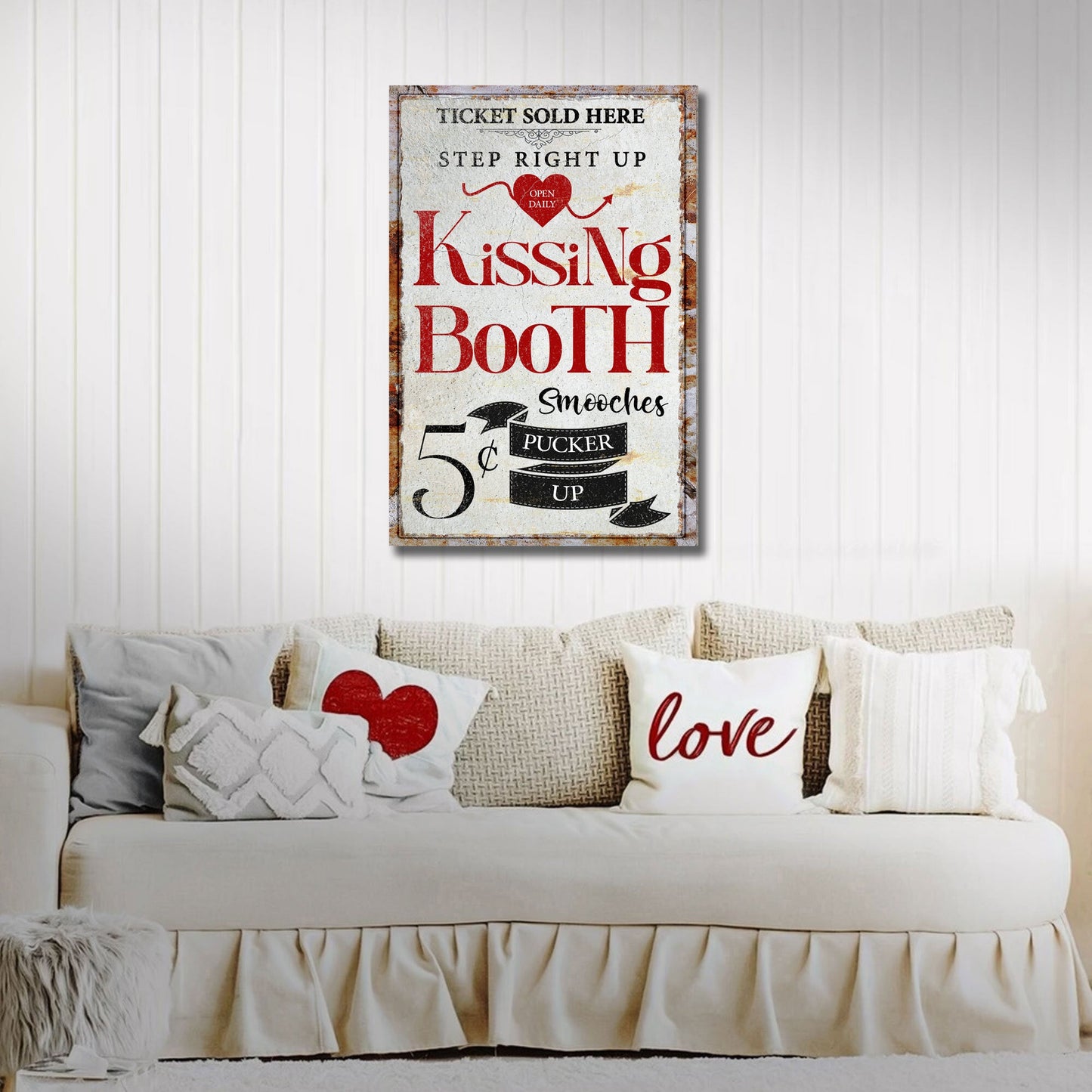 Valentines Day Kissing Booth Sign II canvas by Tailored Canvases with red Kiss lettering on Tampa Home & Garden Store