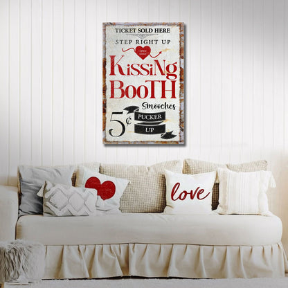 Valentines Day Kissing Booth Sign II canvas by Tailored Canvases with red Kiss lettering on Tampa Home & Garden Store