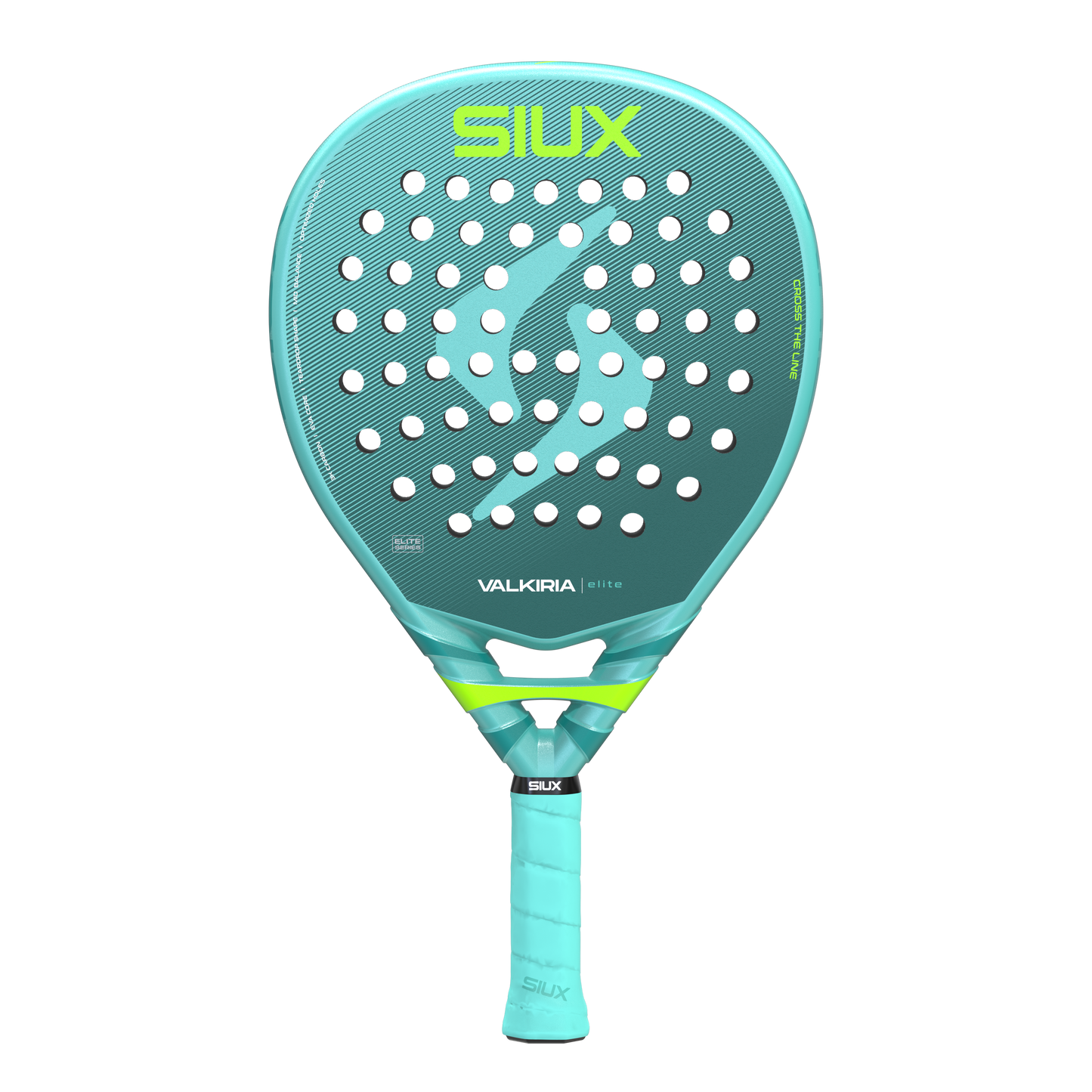 Valkyria Elite 2 2026 padel racket by Siux USA turquoise face with perforations neon logo on Tampa Home & Garden Store