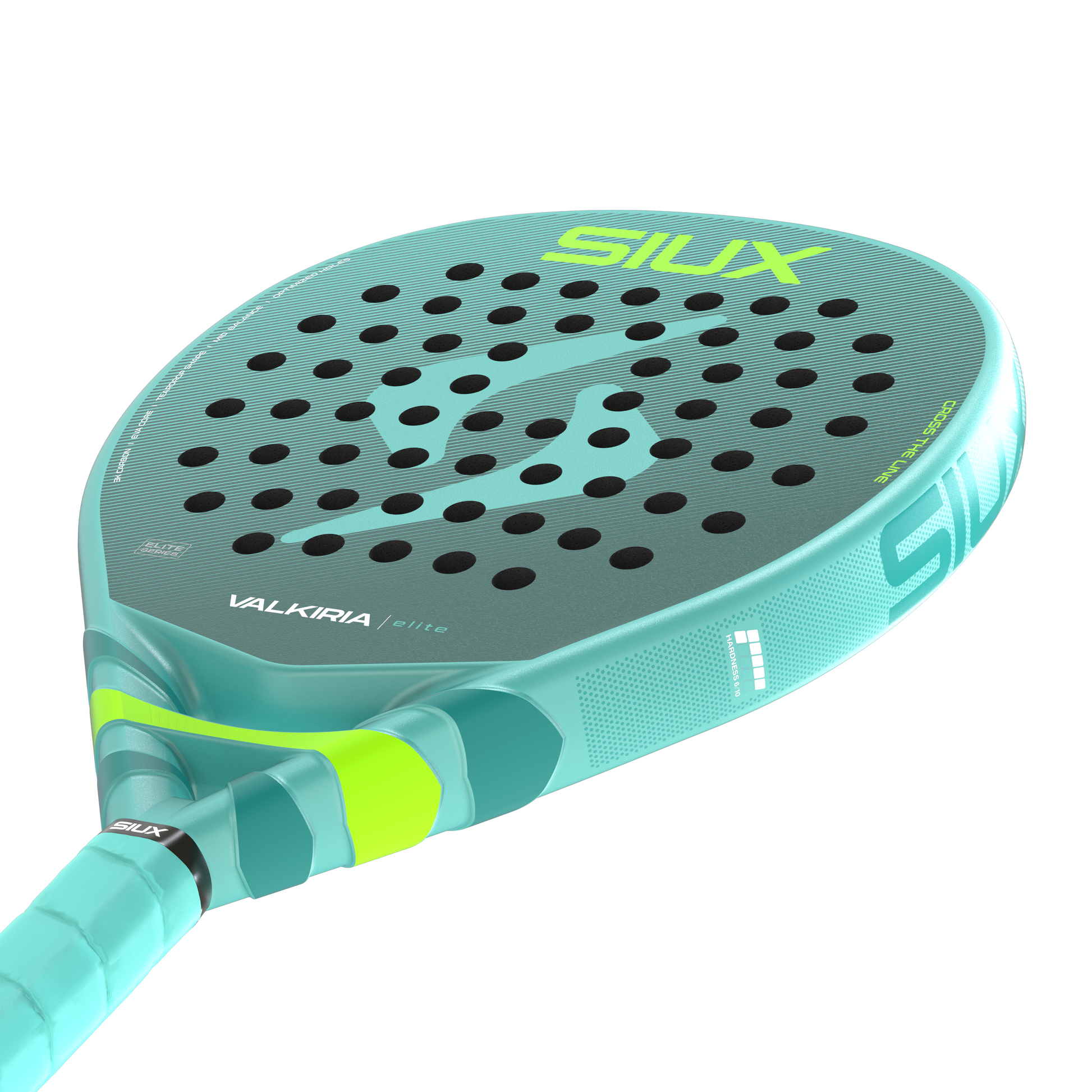 Padel racket Valkyrie Elite 2026 by Siux USA turquoise face with lime logo and black holes on Tampa Home & Garden Store
