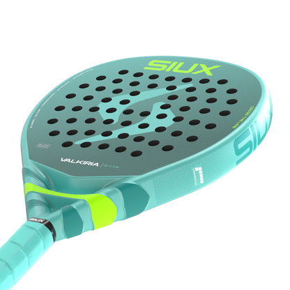 Padel racket Valkyrie Elite 2026 by Siux USA turquoise face with lime logo and black holes on Tampa Home & Garden Store