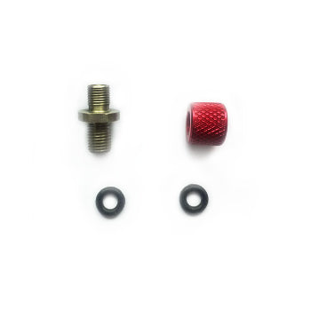 Valve repair kit components: brass valve piece, red knurled cap, and two washers on Tampa Home & Garden Store