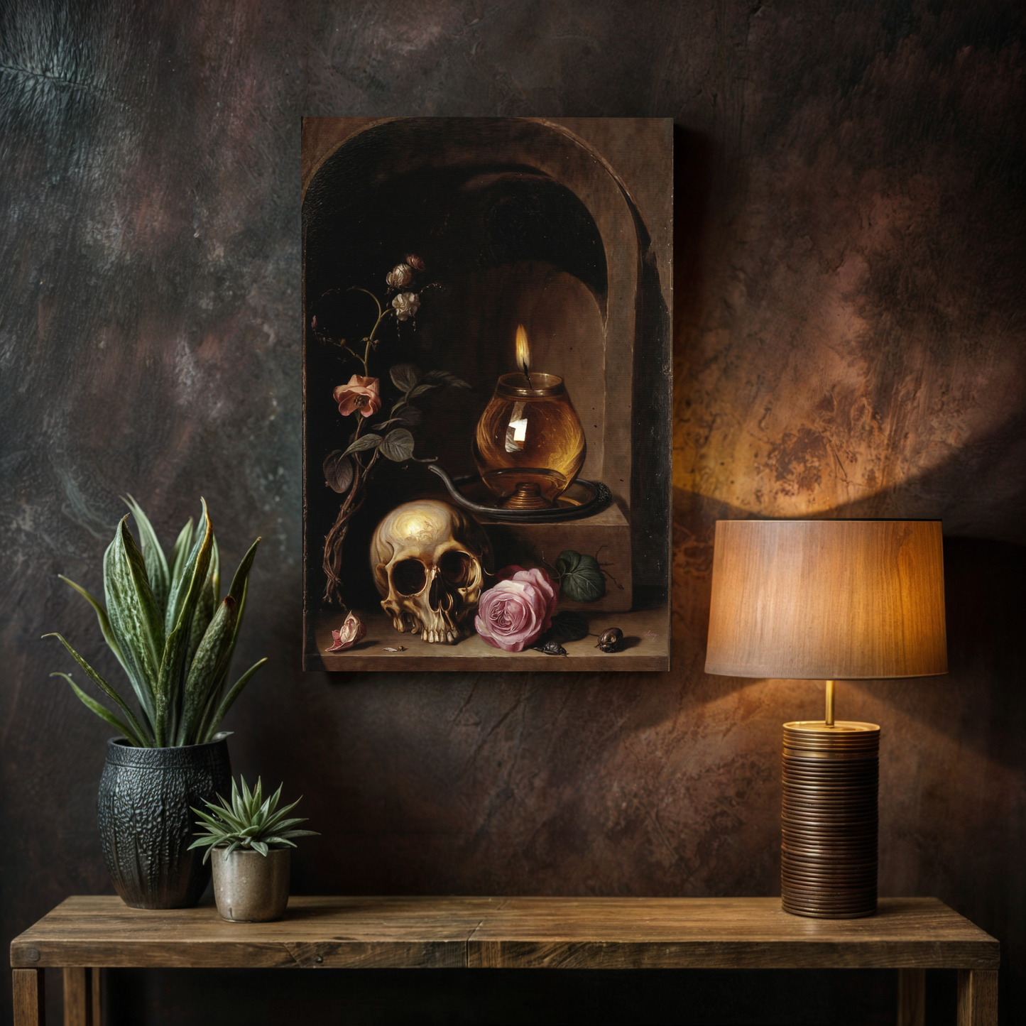 Canvas print Vanitas Vigil by Tailored Canvases, crafting canvas with skull and flowers on Tampa Home & Garden Store