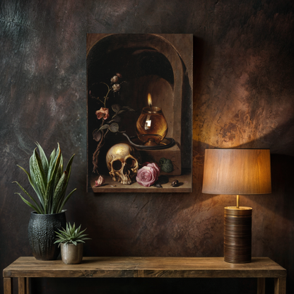 Canvas print Vanitas Vigil by Tailored Canvases, crafting canvas with skull and flowers on Tampa Home & Garden Store
