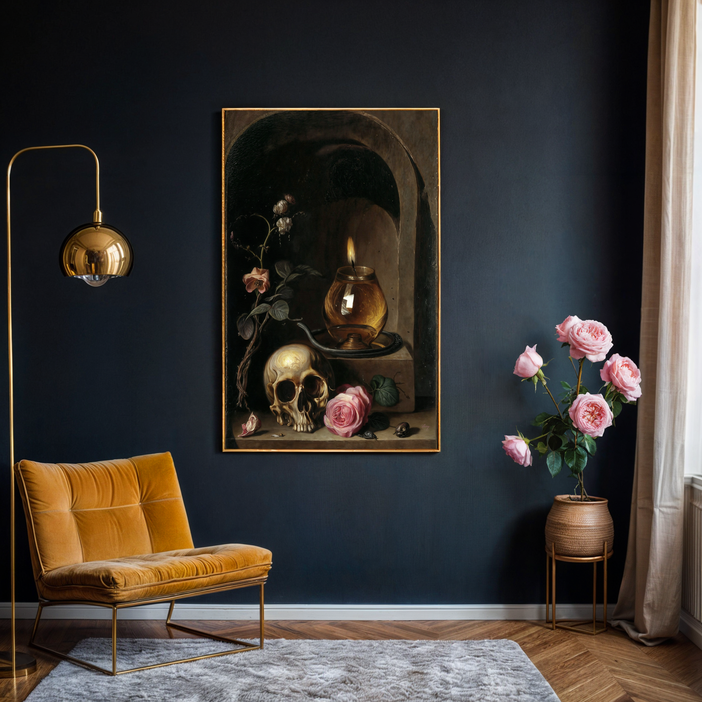 Canvas print Vanitas Vigil by Tailored Canvases, navy wall with gold-framed skull still life on Tampa Home & Garden Store