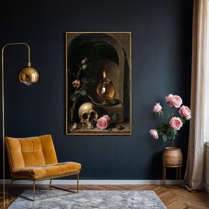 Canvas print Vanitas Vigil by Tailored Canvases, navy wall with gold-framed skull still life on Tampa Home & Garden Store
