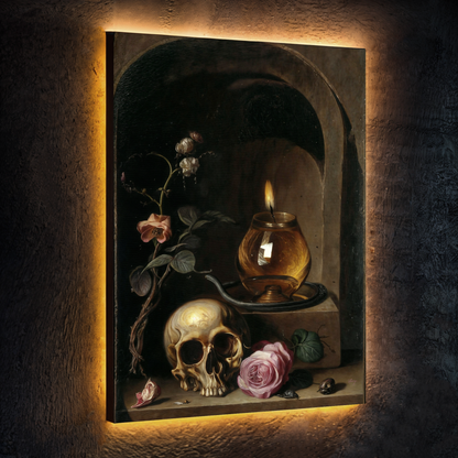 Canvas Print Vanitas Vigil by Tailored Canvases; still life with skull, candle, roses on Tampa Home & Garden Store
