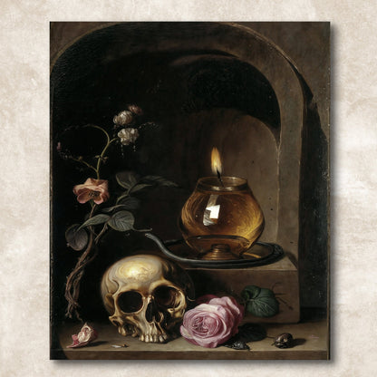 Canvas Print Vanitas Vigil by Tailored Canvases; dark still life with skull, roses and candle on Tampa Home & Garden Store