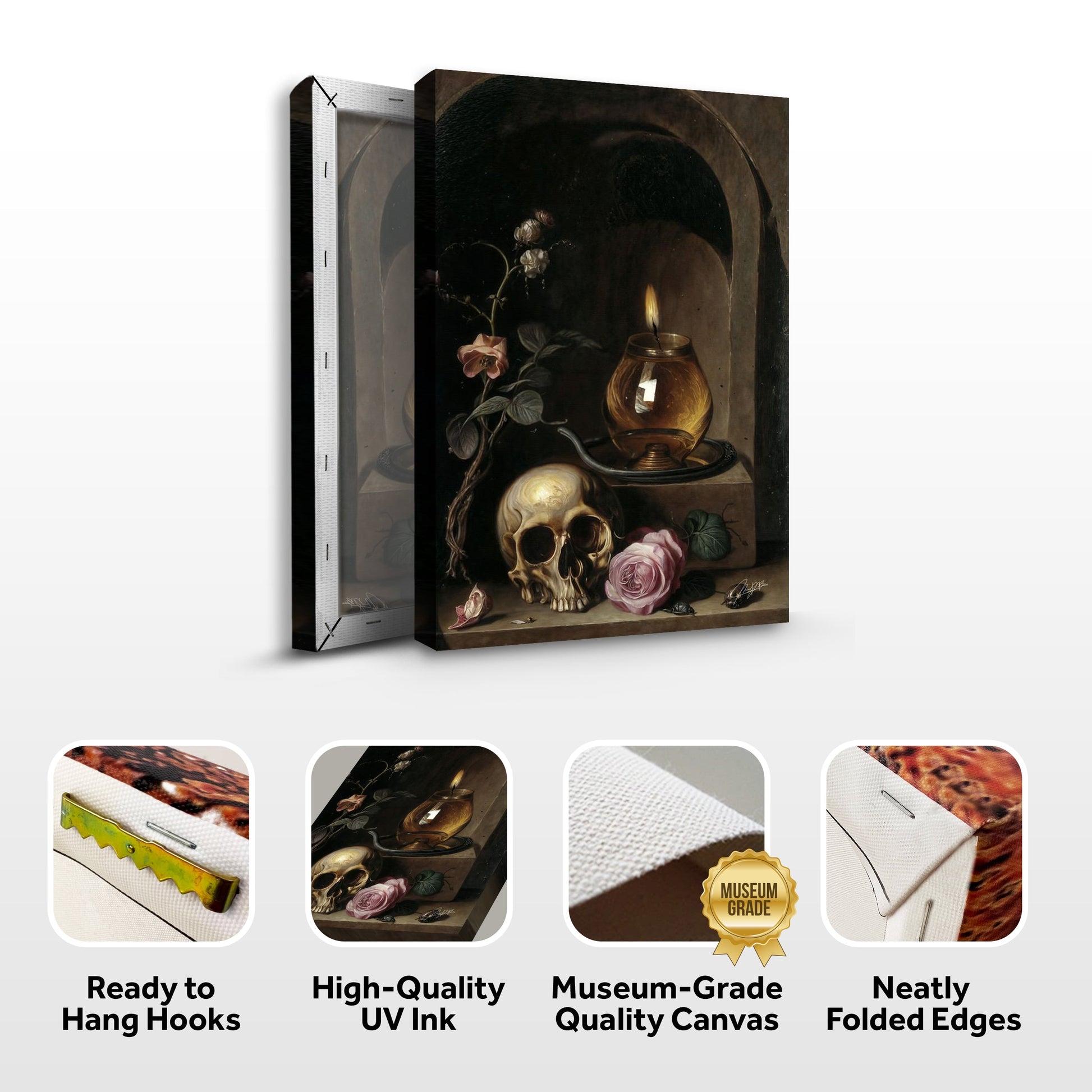 Canvas Print Vanitas Vigil by Tailored Canvases, dark still life with skulls and candle on Tampa Home & Garden Store