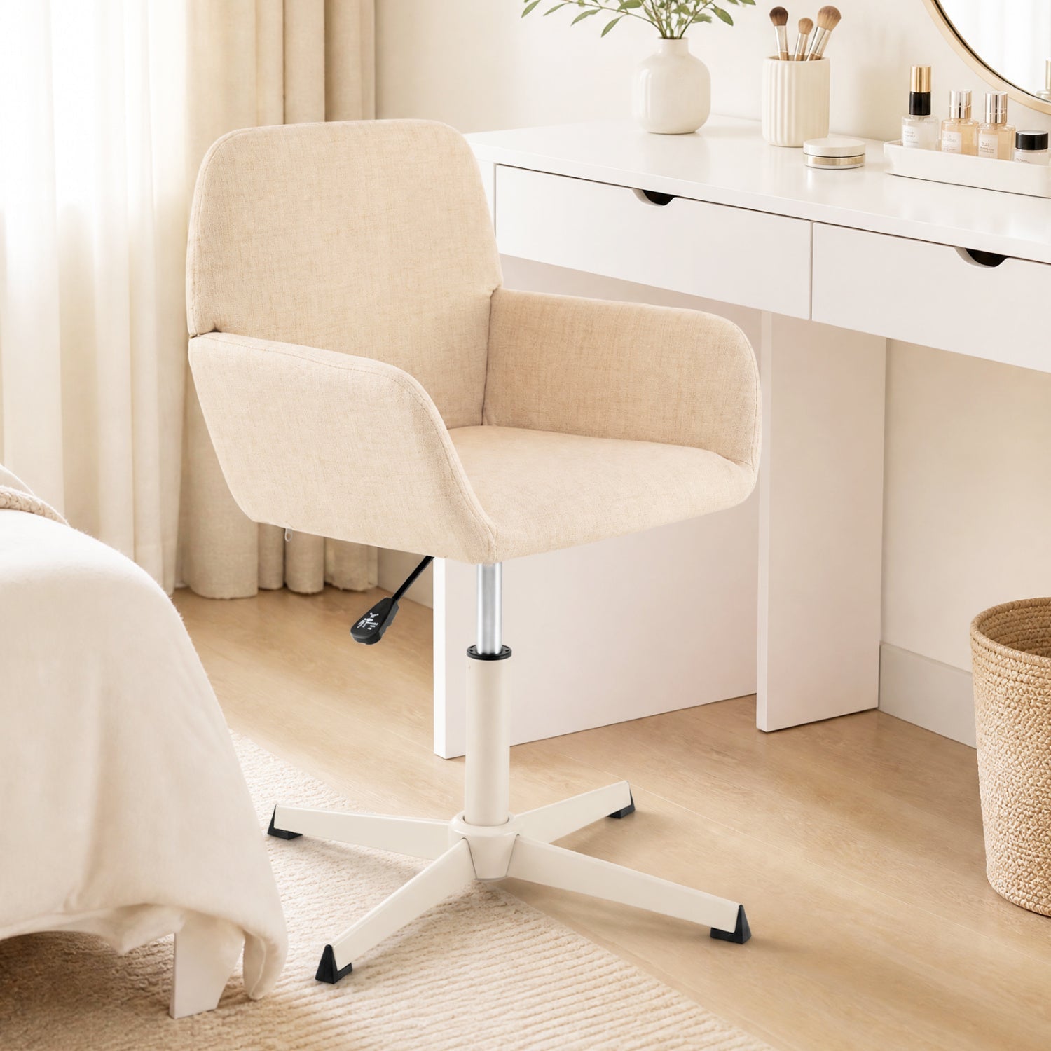 Swivel vanity chair with adjustable height and back support in beige fabric beside a white desk on Tampa Home & Garden Store