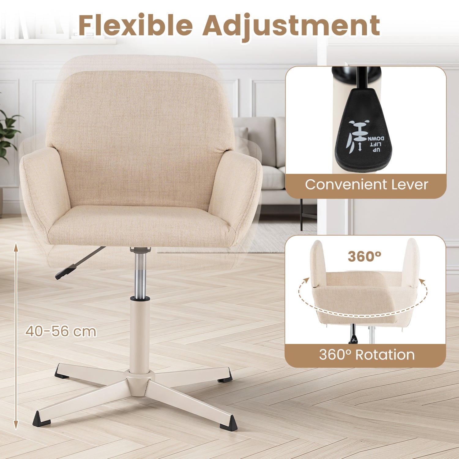 DirectDeals Swivel Vanity Chair with Adjustable Height, beige upholstered chair, 360° rotation on Tampa Home & Garden Store
