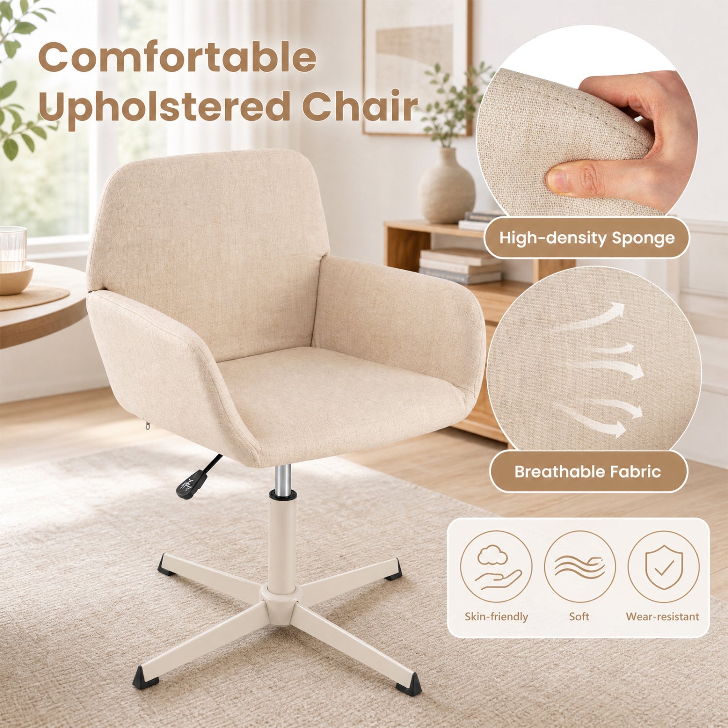 Swivel Vanity Chair with adjustable height and back support in beige fabric DirectDeals on Tampa Home & Garden Store