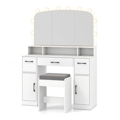Vanity Desk Makeup Table with Stool 3-Color Lights and Charging Station