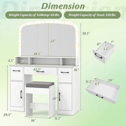 Vanity Desk Makeup Table with Stool 3-Color Lights and Charging Station