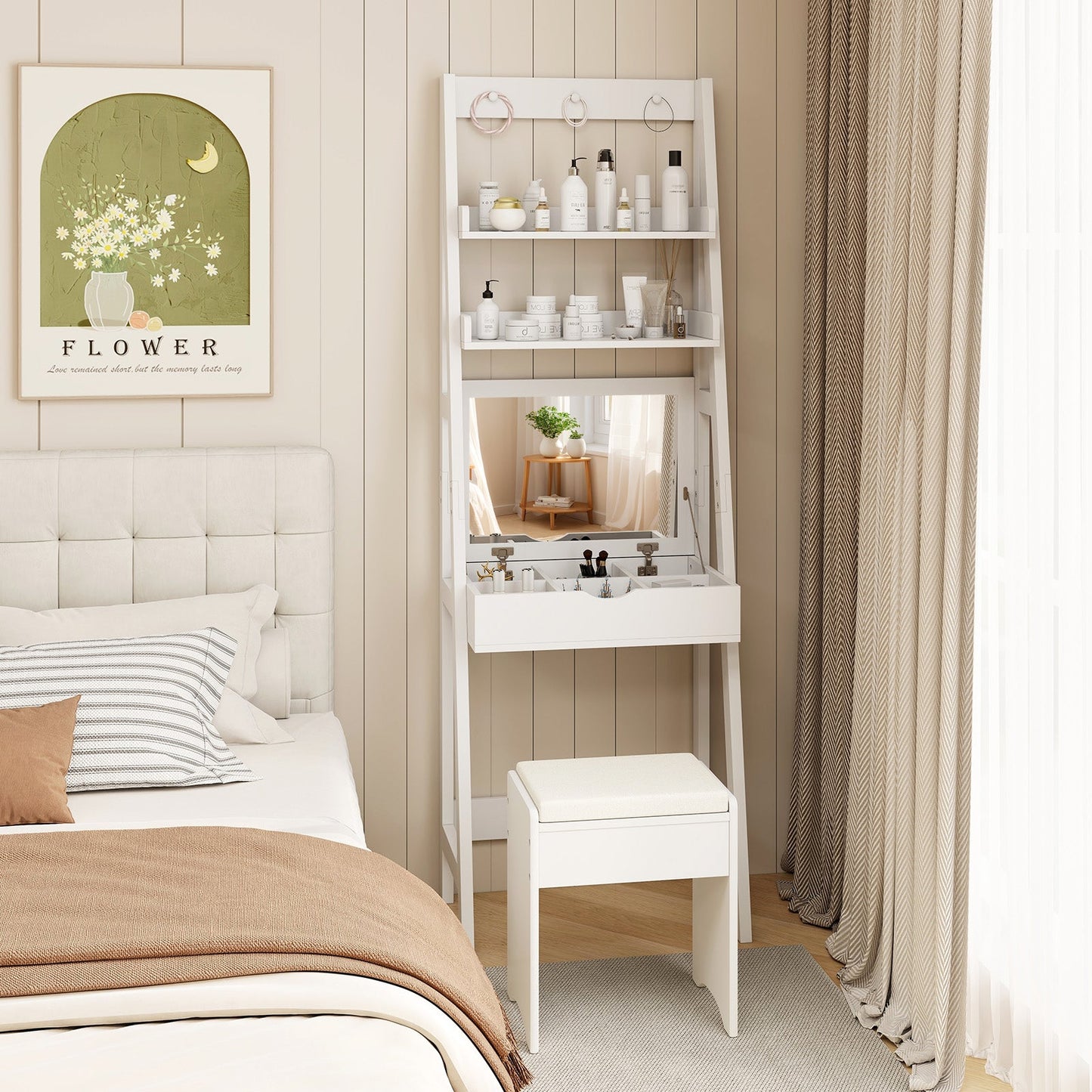 Vanity Desk Set with Flip Top Mirror  Hidden Storage Compartments and Cushioned Stool-White