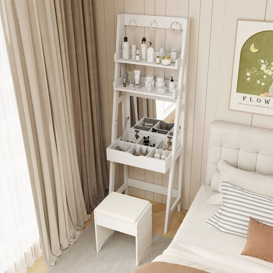 Vanity desk set with flip-top mirror in white wood with storage and shelves on Tampa Home & Garden Store