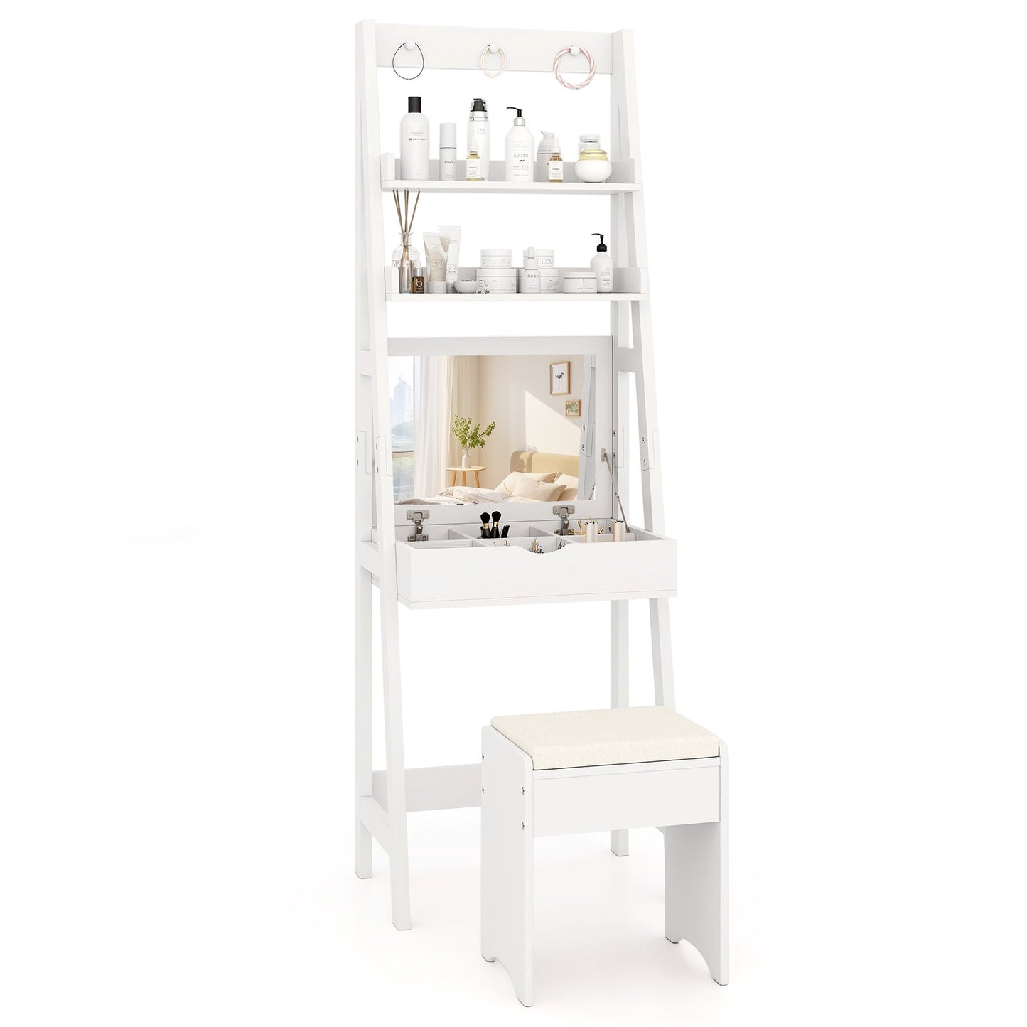 Vanity Desk Set with Flip Top Mirror  Hidden Storage Compartments and Cushioned Stool-White