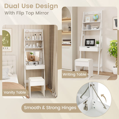 Vanity Desk Set with Flip Top Mirror  Hidden Storage Compartments and Cushioned Stool-White