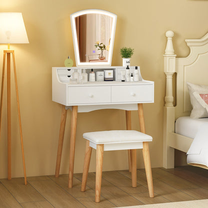 Vanity Desk Set with 3-Color Adjustable LED Lighted Mirror and Drawers-White