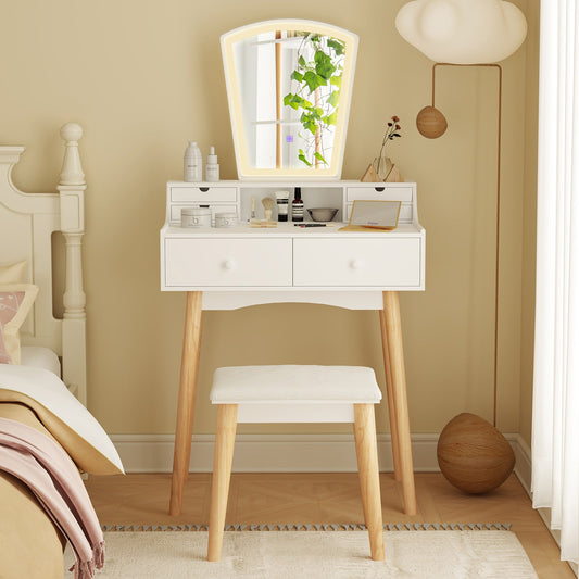Vanity Desk Set with 3-Color Adjustable LED Lighted Mirror and Drawers-White