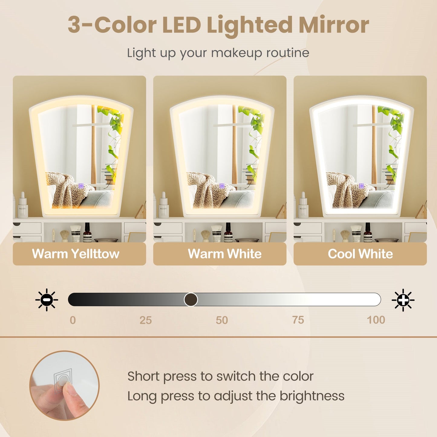 Vanity Desk Set with 3-Color Adjustable LED Lighted Mirror and Drawers-White