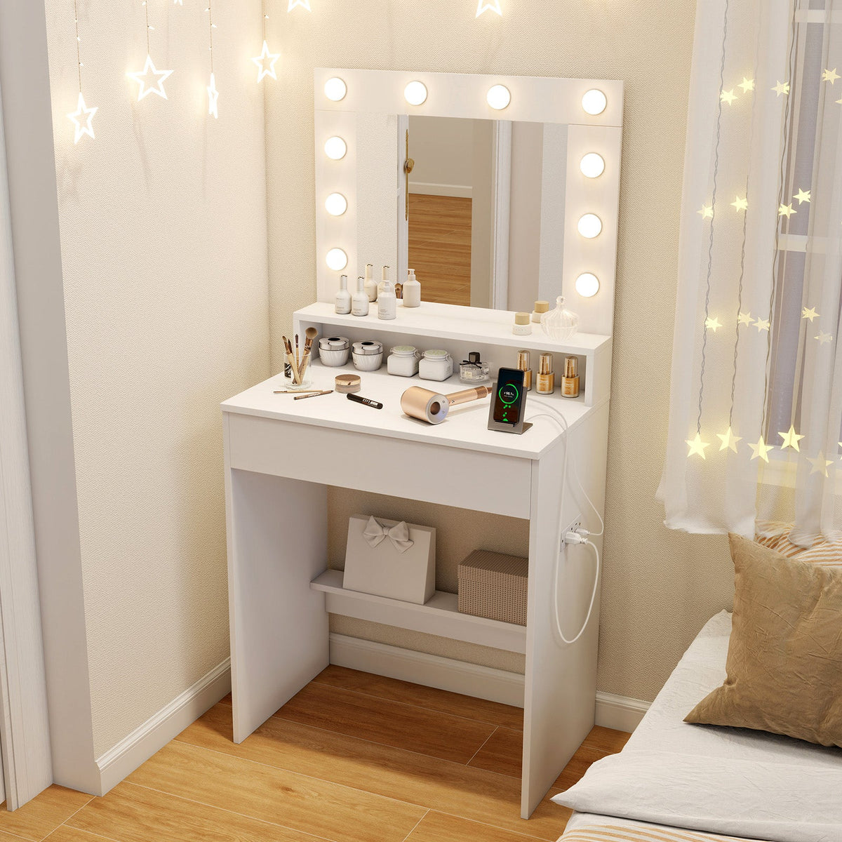 Vanity desk DirectDeals white with lighted mirror and bulb frame; cosmetics on top shelf on Tampa Home & Garden Store
