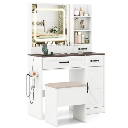 Vanity Desk with Mirror and Lights Farmhouse Makeup Dressing Table-White