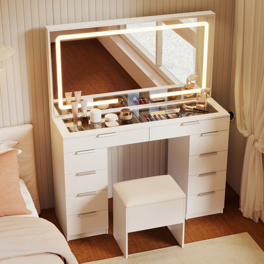 Vanity Desk DirectDeals with lighted mirror and charging station, white finish on Tampa Home & Garden Store