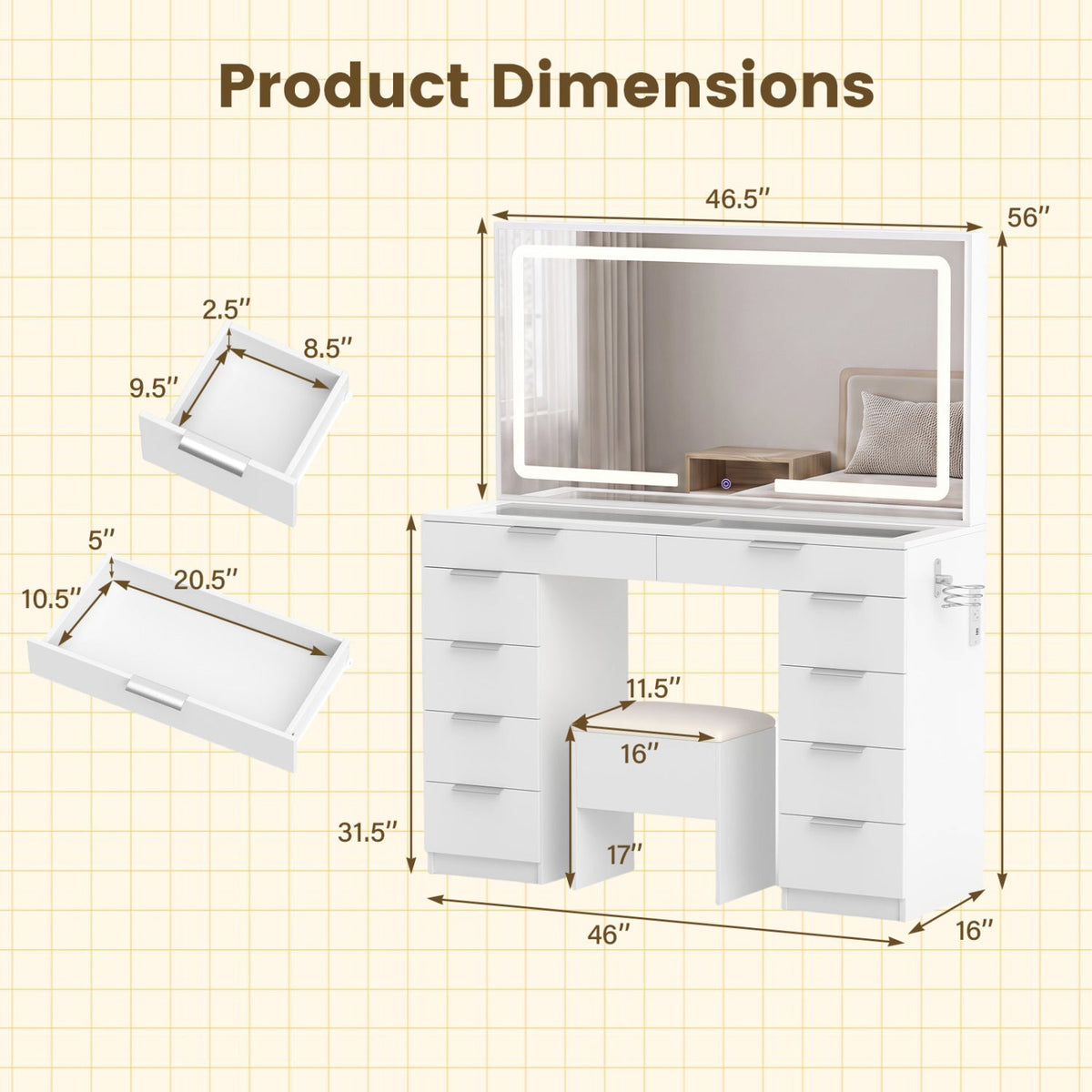 Vanity Desk with Lighted Mirror and Charging Station, white, DirectDeals, includes 1 stool on Tampa Home & Garden Store