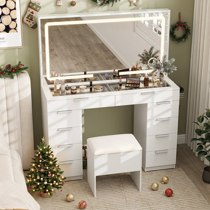 Vanity desk with lighted mirror and charging station, white glass-top finish DirectDeals on Tampa Home & Garden Store