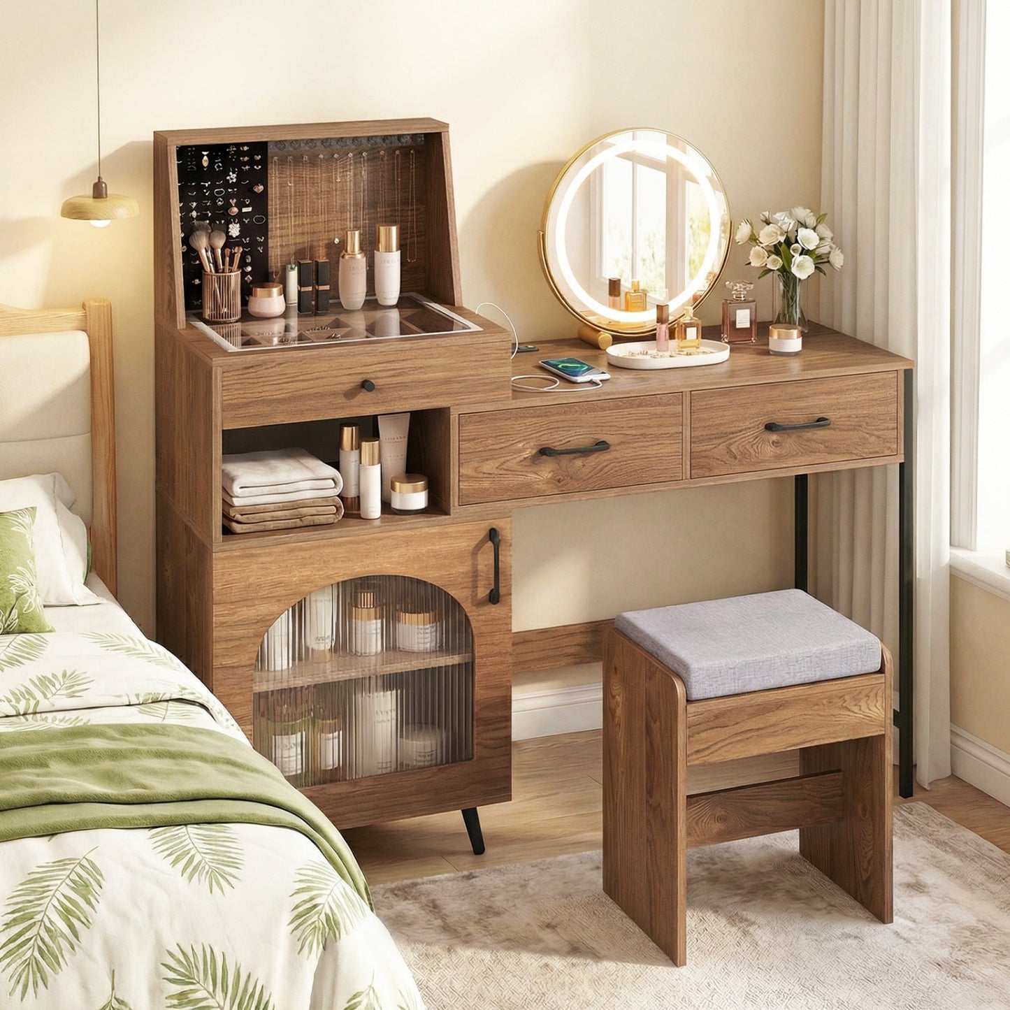 Vanity Desk with Lighted Round Mirror in oak finish, jewelry organizers, two drawers, DirectDeals on Tampa Home & Garden Store