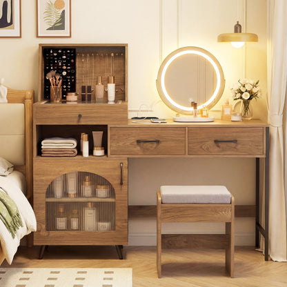 Vanity desk oak wood finish with round LED light mirror and jewelry storage DirectDeals on Tampa Home & Garden Store