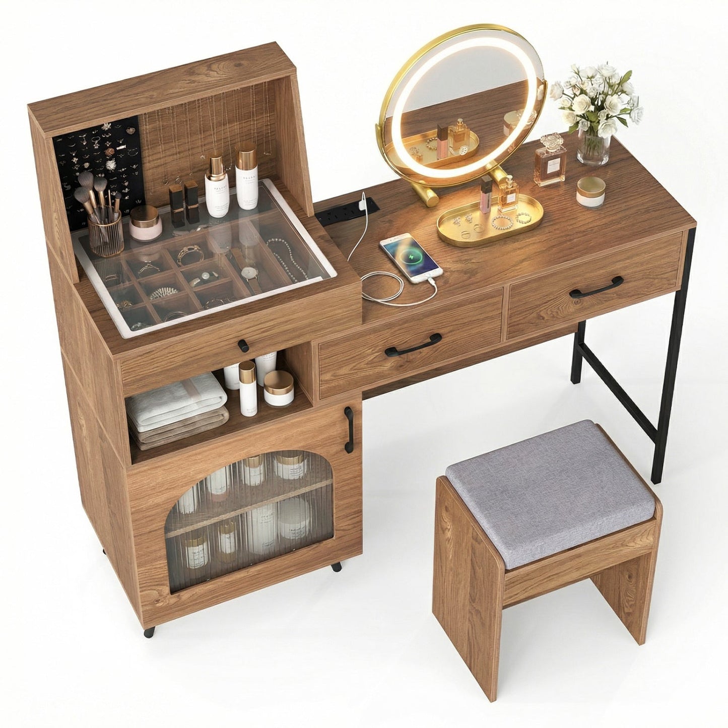 Vanity Desk DirectDeals with Lighted Round Mirror and jewelry storage, wood finish, stool on Tampa Home & Garden Store