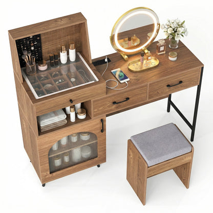 Vanity Desk DirectDeals with Lighted Round Mirror and jewelry storage, wood finish, stool on Tampa Home & Garden Store