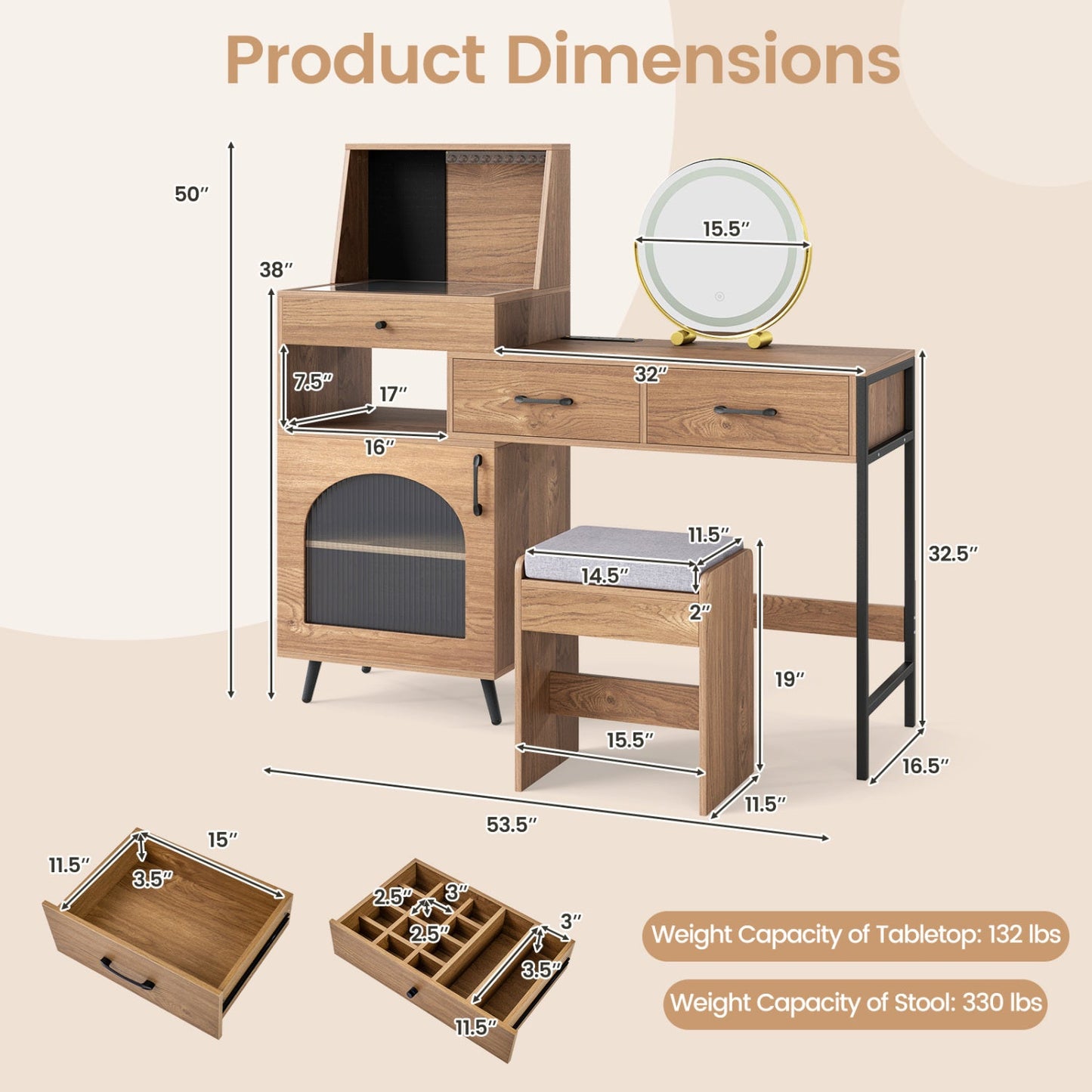 Vanity Desk with Lighted Mirror and Jewelry Storage, wood finish with black metal frame on Tampa Home & Garden Store