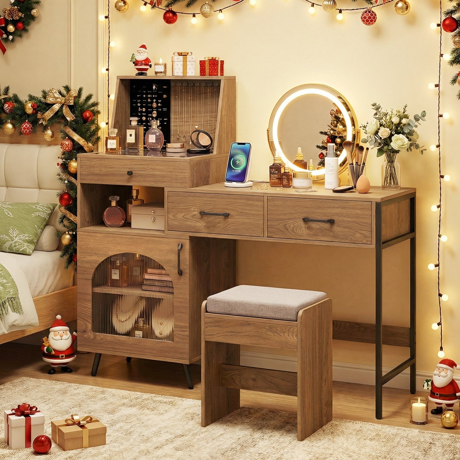 Vanity Desk with Lighted Mirror and Jewelry Storage in warm wood finish on Tampa Home & Garden Store