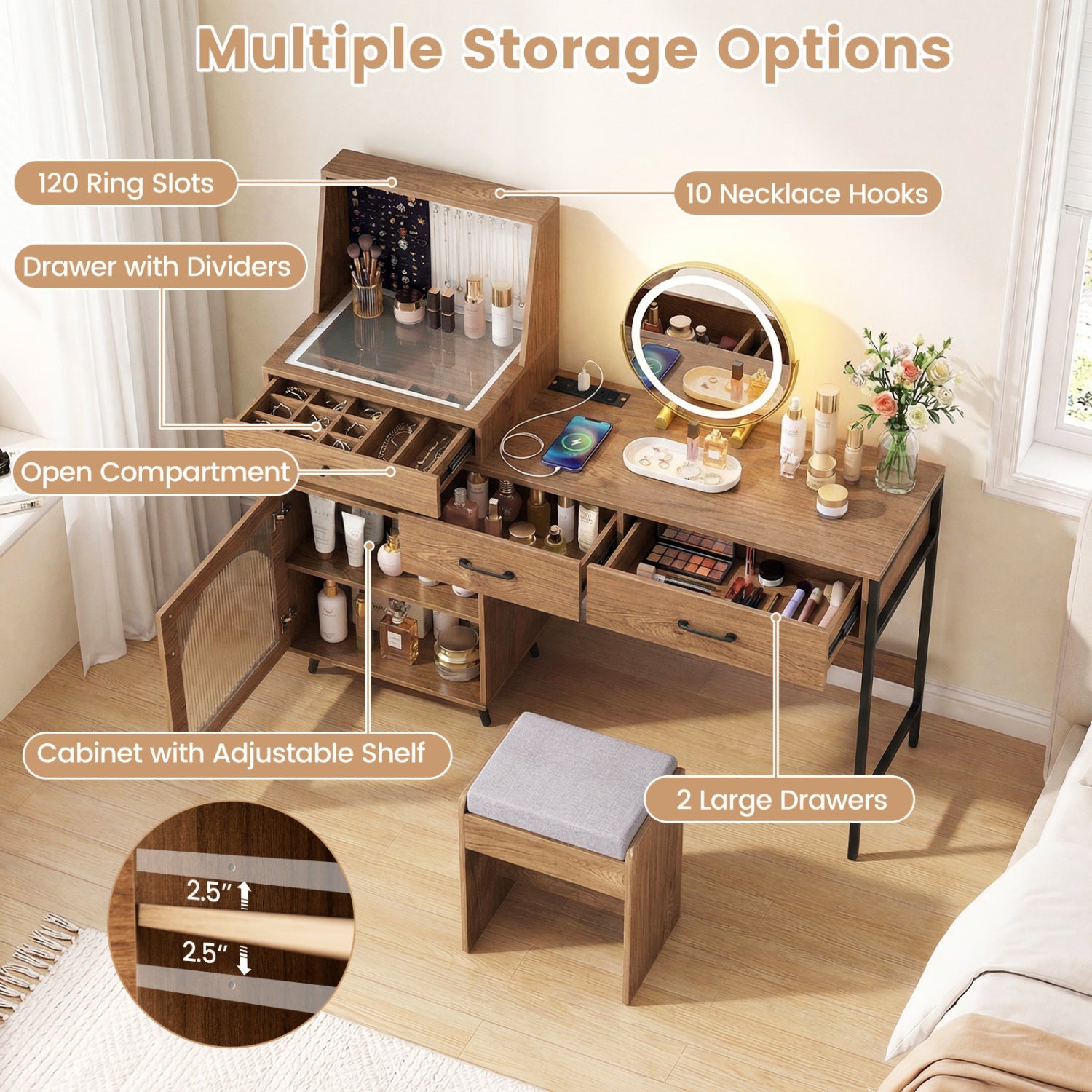 Vanity Desk with Lighted Mirror & Jewelry Storage by DirectDeals, wood finish with drawers on Tampa Home & Garden Store