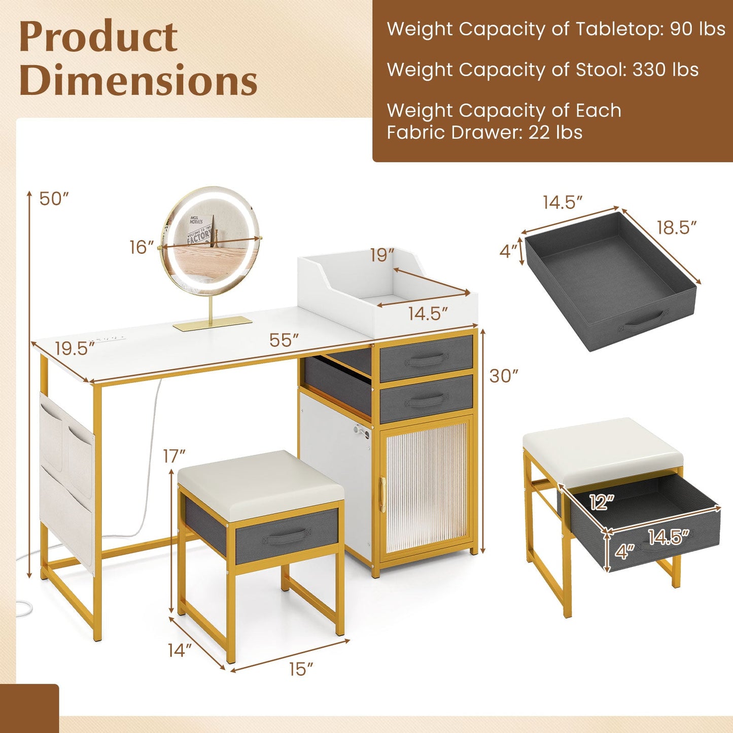 Vanity Desk with Rotatable Lighted Mirror 55 Inch Makeup Vanity Table-White